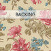 A sandy tan fabric swatch with sprawling vintage florals in pink and blue; a transparent banner reads 