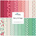 Digital collage of fabrics included in the Berry & Sage collection with teals, creams, reds, and pinks with a floral and geometric theme.