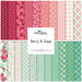 Digital collage of fabrics included in the Berry & Sage collection with teals, creams, reds, and pinks with a floral and geometric theme.
