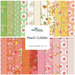 Digital collage of fabrics included in the Peach Cobbler collection with green, cream, yellow, and pink fabrics with floral patterns.
