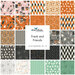 A fabric collage featuring orange, green, and black fabrics, with halloween motifs from the Frank and Friends collection.