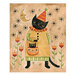 Panel fabric featuring a cat dressed in a halloween costume, holding a pumpkin bucket and standing in the night sky with the moon and stars above.