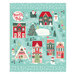 An aqua christmas themed panel featuring buildings in the North Pole village, snowmen, christmas trees, and santa in his sleigh from The North Pole Flannel' fabric collection. 