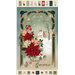 A festive Christmas panel featuring a snowy church, framed by red and white poinsettias and decorative elements.