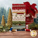 A stack of the fabrics included in the Christmas Greetings collection, with poinsettias and garlands and trees and thread.
