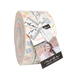 A roll of white, pink, green, and purple floral prints tied with a ruler ribbon and labeled 