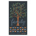 A navy blue panel featuring a brown tree with green leaves on each of the thin branches, with the word 