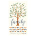 A cream panel featuring a brown tree with green leaves on each of the thin branches, with the word "family" overlayed in blue script above rows of blue and orange birds.