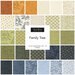 A collage of the fabrics featured throughout the Family Tree collection from Moda, an assortment of orange, cream, green, navy, and blue prints.