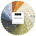 A round, fanned out collage of the fabrics featured throughout the Family Tree collection from Moda, an assortment of orange, cream, green, navy, and blue prints.