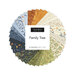 A round, fanned out collage of the fabrics featured throughout the Family Tree collection from Moda, an assortment of orange, cream, green, navy, and blue prints.