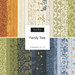 A collage of the fabrics featured throughout the Family Tree collection from Moda, an assortment of orange, cream, green, navy, and blue prints.