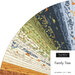 A fanned out collage of the fabrics featured throughout the Family Tree collection from Moda, an assortment of orange, cream, green, navy, and blue prints.