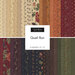 A layer cake fabric collage featuring antique florals in muted orange, green, red, blue and cream colors from the collection Quail Run.  