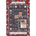 Fabric pattern featuring two framed images with American flags and text celebrating 250 years, decorated with stars.