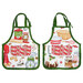 The two apron hot pads, colored in green, white, and red fabrics from the Sugar Coated collection by Northcott Fabrics, isolated on a white background.