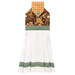 The completed Hanging Towel colored in brown, orange, and green fabrics from The Awe of Autumn collection, isolated on a white background.