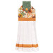 The completed Hanging Towel colored in cream, orange, and teal fabrics from The Awe of Autumn collection, isolated on a white background.