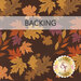 A swatch of brown fabric with acorns and gold, brown, and purple leaves blowing past. A banner at the top reads 