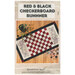 The front cover showing an showing the completed table runner pattern with a checkers design and sewing notions embroidery.