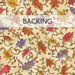 A swatch of cream fabric with gold, red, and purple falling leaves. A banner at the top reads 