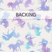 Swatch of white fabric with a tossed print of mottled magenta, lavender, and cerulean unicorn silhouettes. A transparent banner at the top reads 