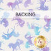 Swatch of white fabric with a tossed print of mottled magenta, lavender, and cerulean unicorn silhouettes. A transparent banner at the top reads 