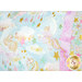 A super close up showing details on the three fabrics used in the pillowcase, pastel prints in pink, mint, blue, and green, featuring stars, unicorns, and gold glitter accents.