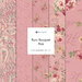 Collage of fabrics featured in the Ruru Bouquet Brown colorway featuring floral and paisley patterns on pink fabric.