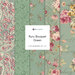 Collage of fabrics featured in the Ruru Bouquet Brown colorway featuring floral and paisley patterns on green fabric.