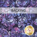 A swatch of purple batik fabric with large watercolor florals in pink, blue, and purple. A banner at the top reads "Backing" and a golden Shabby Fabrics logo sits in the bottom right corner.