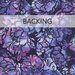 A swatch of purple batik fabric with large watercolor florals in pink, blue, and purple. A banner at the top reads "Backing".