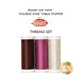 The thread set for the Point of View Folded Star Table Topper - Rustle, three spools of red, magenta, and cream thread below a text graphic.