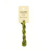 A skein of green embroidery floss, twisted and bundled, with a cream and black label featuring the brand name and color information.