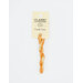 A skein of variegated orange and yellow embroidery floss, twisted and bundled, with a cream and black label featuring the brand name and color information.