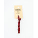 A skein of deep red embroidery floss, twisted and bundled, with a cream and black label featuring the brand name and color information.