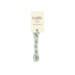 A skein of very pale sage embroidery floss, twisted and bundled, with a cream and black label featuring the brand name and color information.