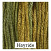 A variegated swatch of Classic Colorworks floss in the colors sage green, yellow, and warm brown.