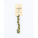 A skein of olive green embroidery floss, twisted and bundled, with a cream and black label featuring the brand name and color information.