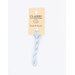 A skein of variegated pastel blue, green, and purple embroidery floss, twisted and bundled, with a cream and black label featuring the brand name and color information.