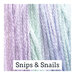 A variegated swatch of Classic Colorworks floss in the colors pastel blue, green, and purple.
