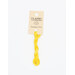 A skein of bright yellow embroidery floss, twisted and bundled, with a cream and black label featuring the brand name and color information.