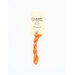 A skein of bright orange embroidery floss, twisted and bundled, with a cream and black label featuring the brand name and color information.
