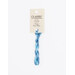 A skein of variegated blue and light blue embroidery floss, twisted and bundled, with a cream and black label featuring the brand name and color information.