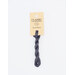 A skein of blue gray embroidery floss, twisted and bundled, with a cream and black label featuring the brand name and color information.
