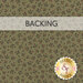 A swatch of sage green fabric with a tossed floral and leaf design in tonal dark green and pink. A transparent banner at the top reads 