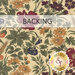 A swatch of tan fabric with large florals in purple, red, yellow, and blue among green leaves. A transparent banner at the top reads 