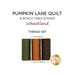 Three spools of green, orange, and brown thread isolated on a white background below a text graphic that reads 