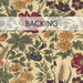 A swatch of tan fabric with large florals in purple, red, yellow, and blue among green leaves. A transparent banner at the top reads 