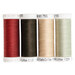 Four spools of red, brown, cream, and light sage green thread, isolated on a white background.